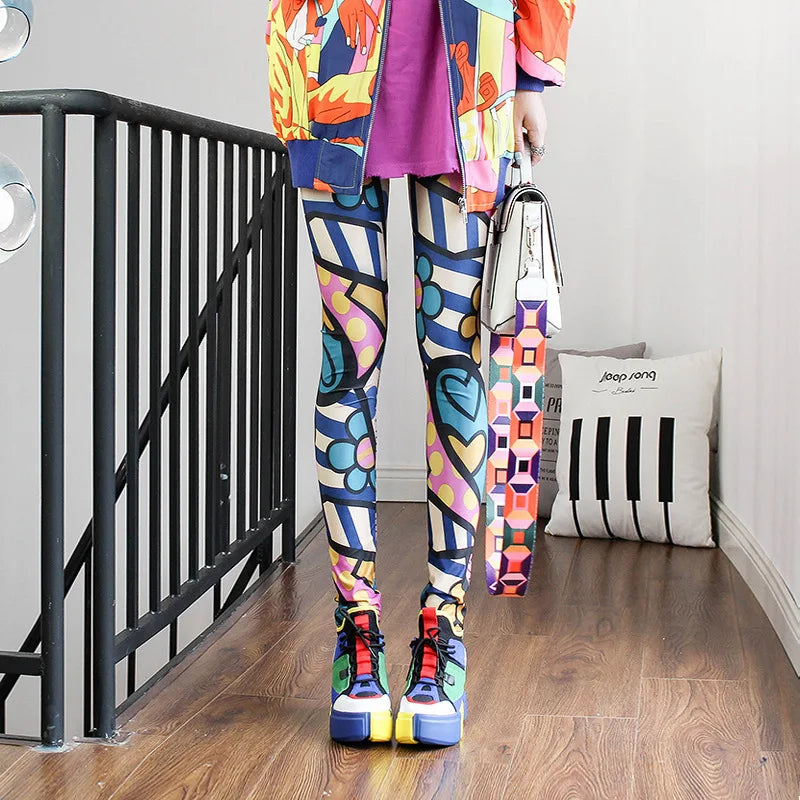 Colorful Street Print Leggings - High-Stretch One-Size Comfort