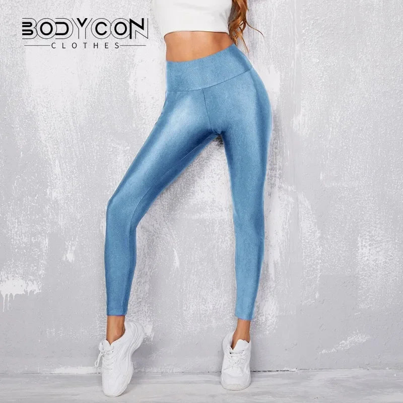 Metallic Luster High-Waist Leggings - Shiny Y2K Pencil Fit
