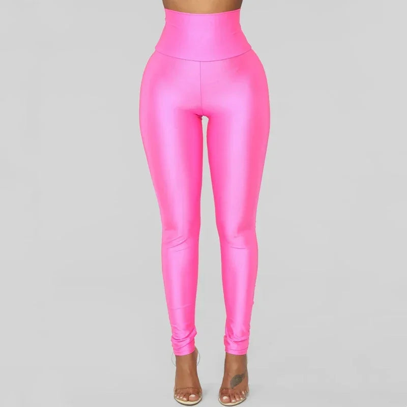 Metallic Luster High-Waist Leggings - Shiny Y2K Pencil Fit