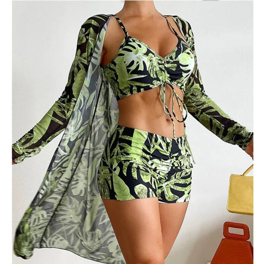 Printed 3-Piece Tankini Set - Push-Up Beach Swimwear