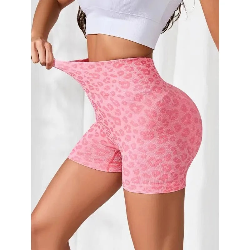 Seamless High-Waist Leopard Workout Shorts - Women's Gym & Running Activewear