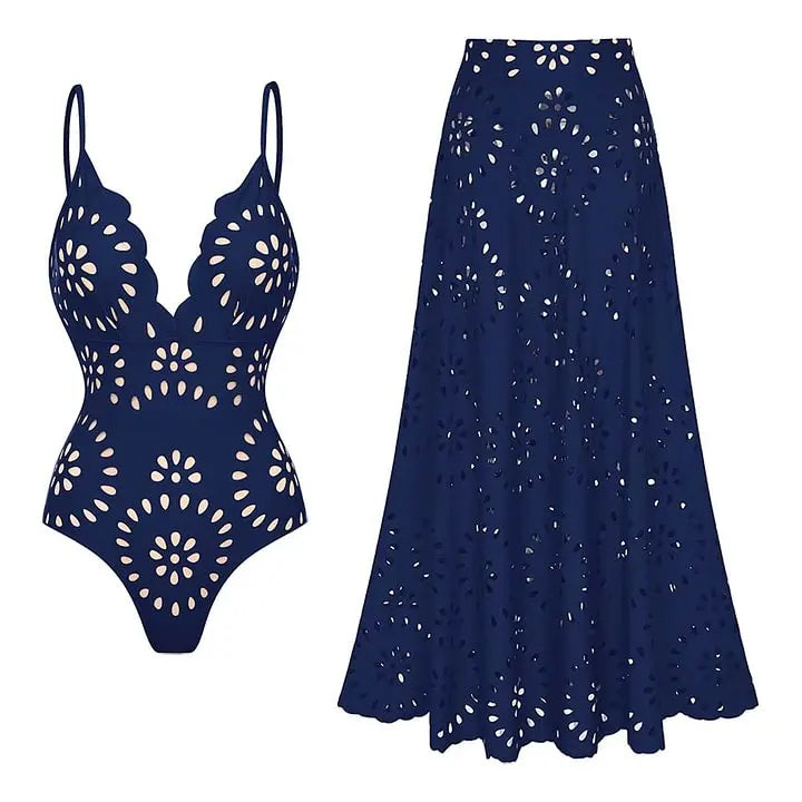 Deep V-Neck One-Piece Swimsuit with Skirt - Laser Cut Floral Detail
