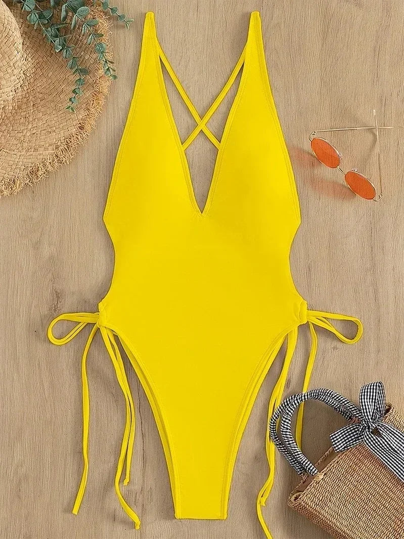 Plunging Lace-Up One-Piece Monokini Swimsuit - Solid Beachwear