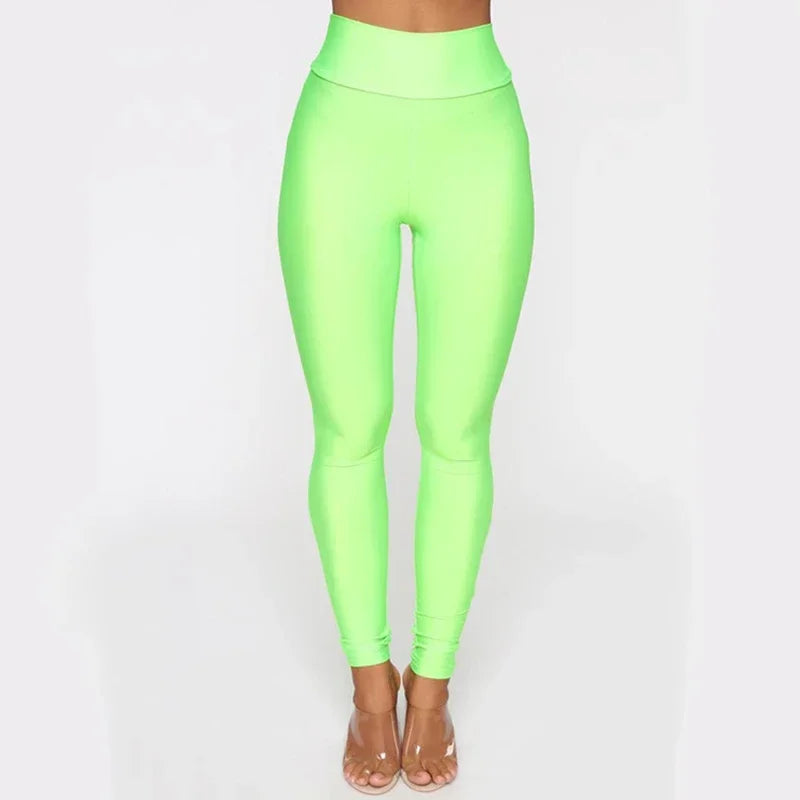Metallic Luster High-Waist Leggings - Shiny Y2K Pencil Fit