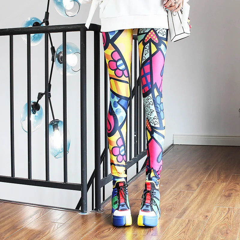 Colorful Street Print Leggings - High-Stretch One-Size Comfort