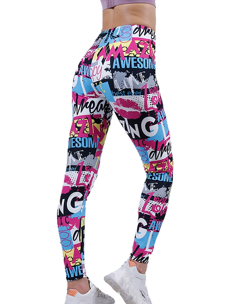 Graffiti Floral Print Ankle Leggings - Elastic Streetwear Fit