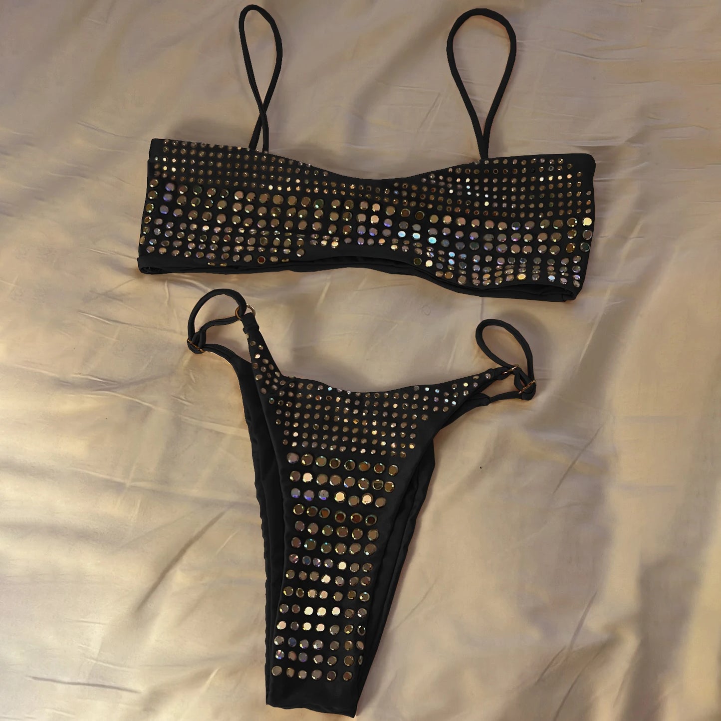 Shiny Bandeau Diamond Bikini Set - Push-Up Floral Swimwear