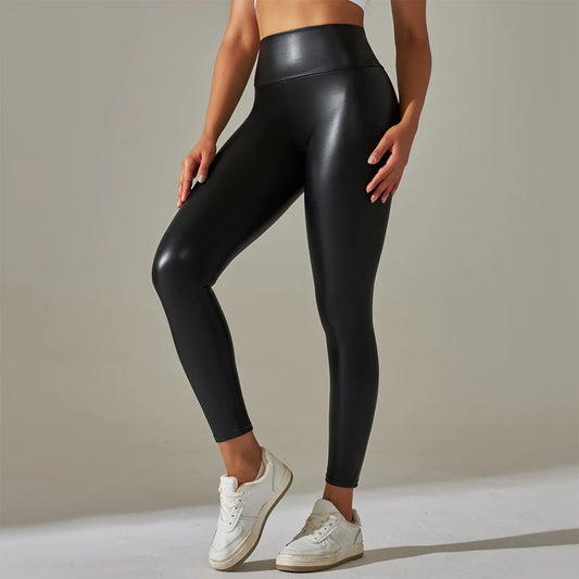 High-Waist PU Leather Leggings - Sleek Stretch Yoga Fit