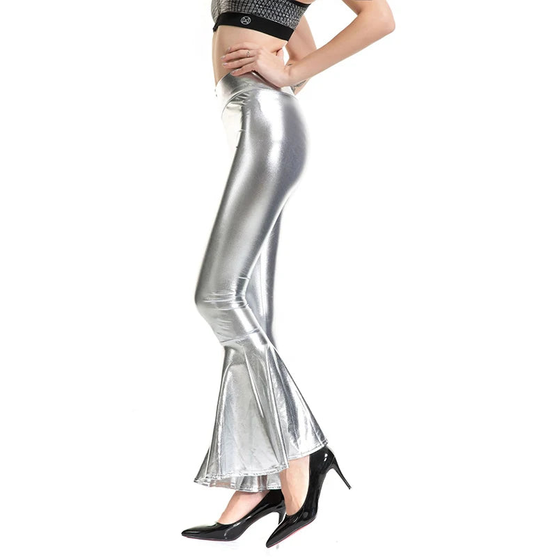 Plus Size Wet-Look Holographic Faux Leather Flare Pants - Women's Sculpting Statement Bottoms