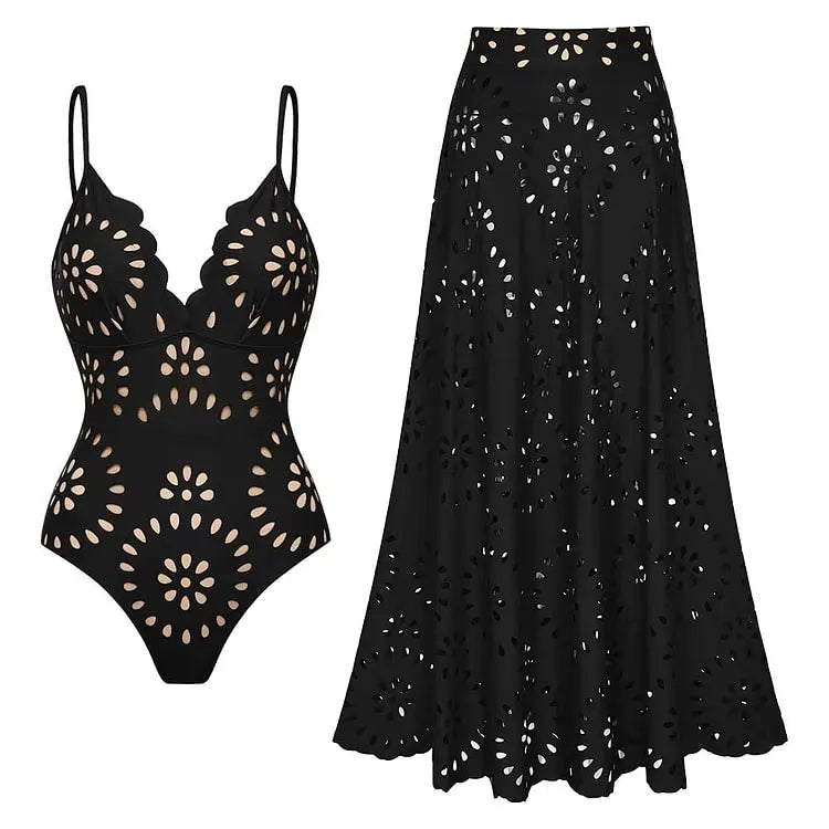 Deep V-Neck One-Piece Swimsuit with Skirt - Laser Cut Floral Detail