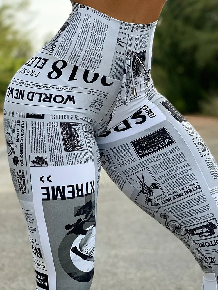 Newspaper Print High-Waist Leggings - Slim Butt-Lifting Summer Fit