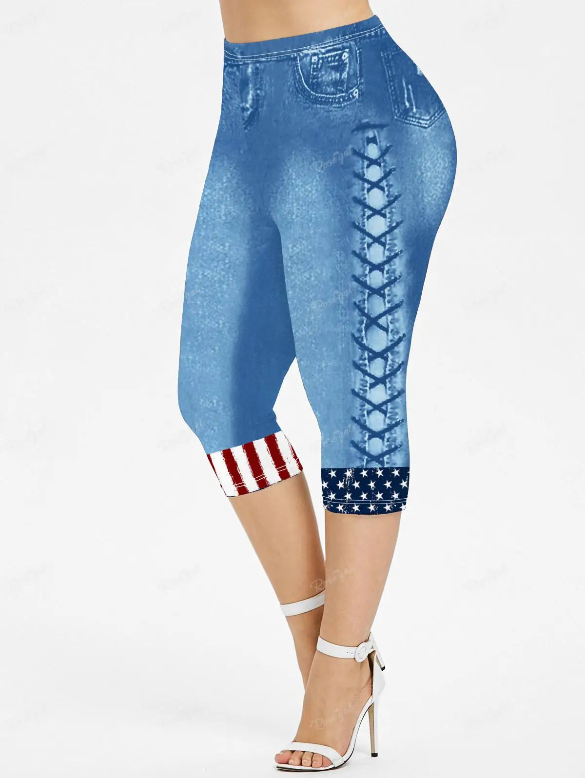 3D Denim Capri Leggings - High-Waist Plus Size Stretch Fit