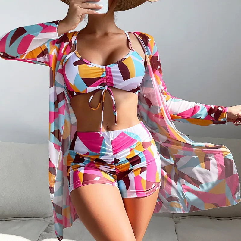 Printed 3-Piece Tankini Set - Push-Up Beach Swimwear