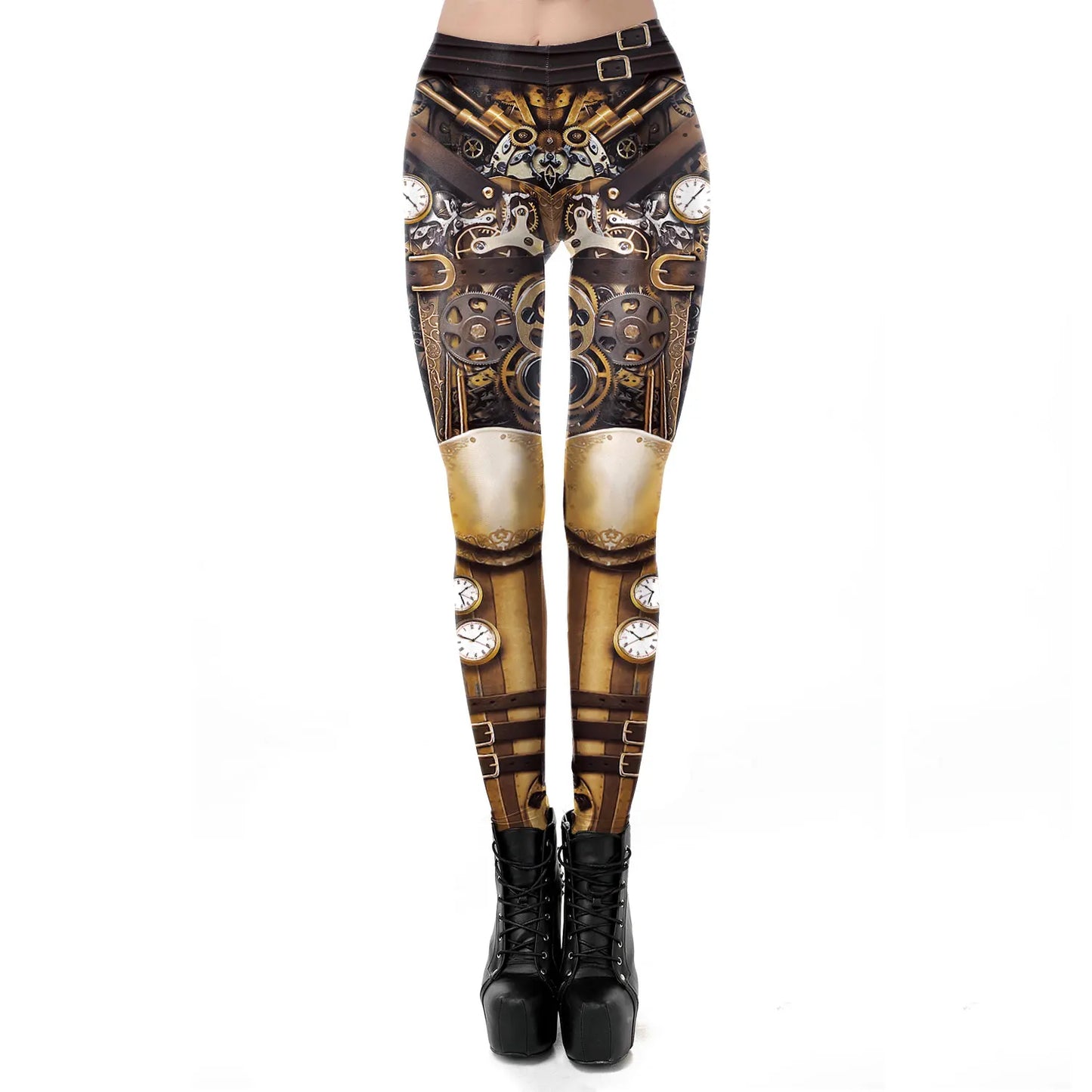 Steampunk Gear Print Leggings - Mid-Waist Streetwear Stretch Fit