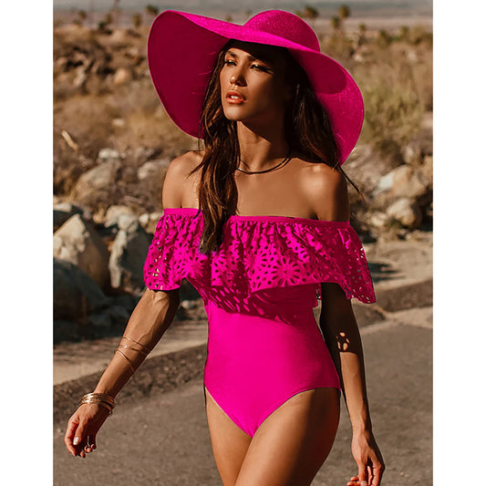 Off-the-Shoulder Ruffle One-Piece Swimsuit - Solid Monokini