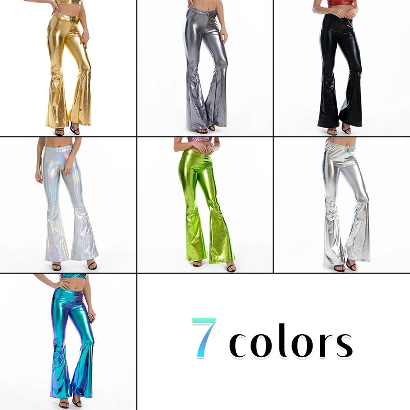 Plus Size Wet-Look Holographic Faux Leather Flare Pants - Women's Sculpting Statement Bottoms