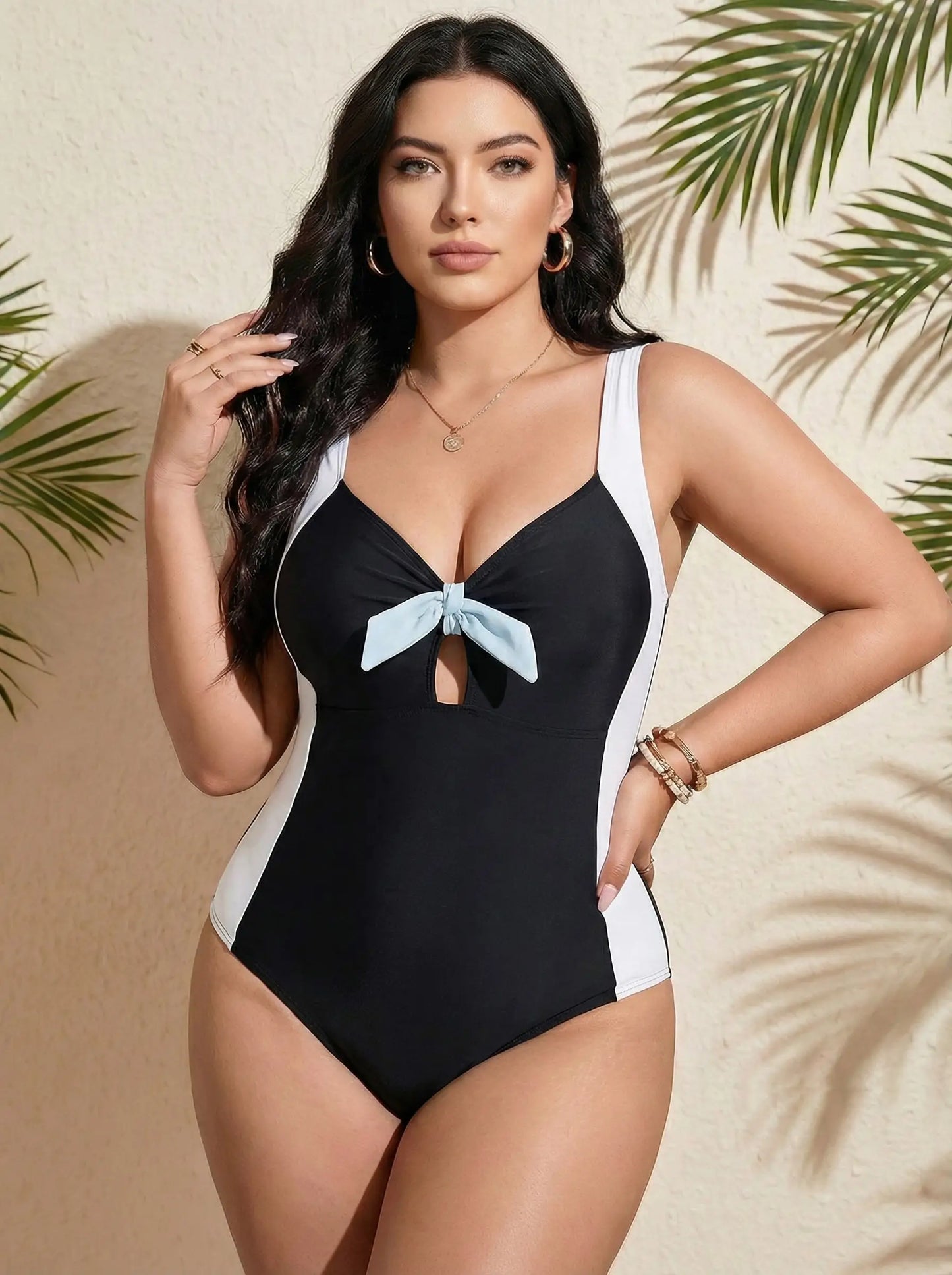 Plus Size Color-Block Bow One-Piece Swimsuit - Tummy Control Fit
