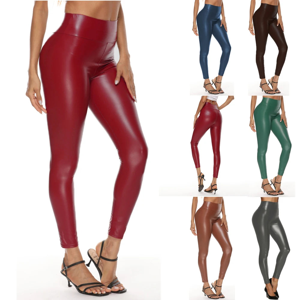 Colorful Faux Leather High-Waist Leggings - Skinny Hip-Lifting Fit