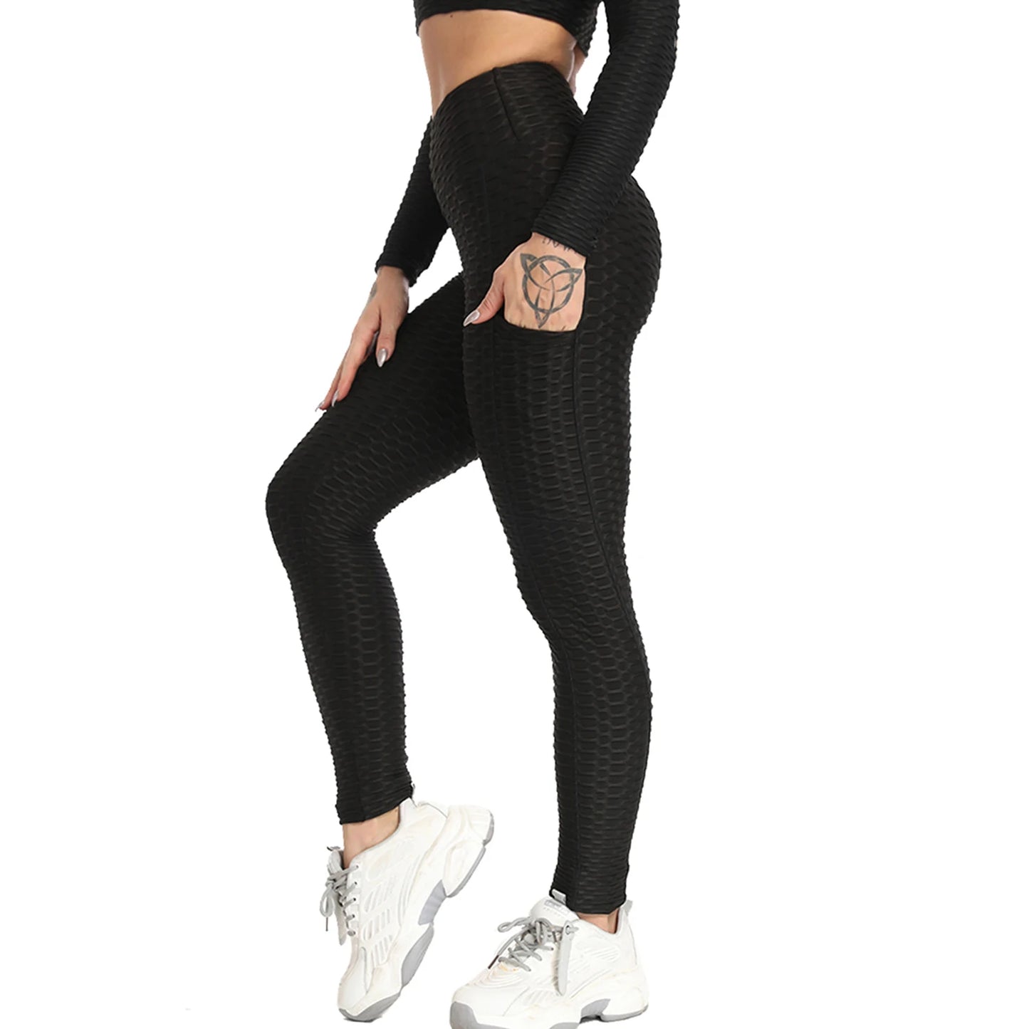 Honeycomb High-Waist Leggings with Pockets - Stretch Workout Tights