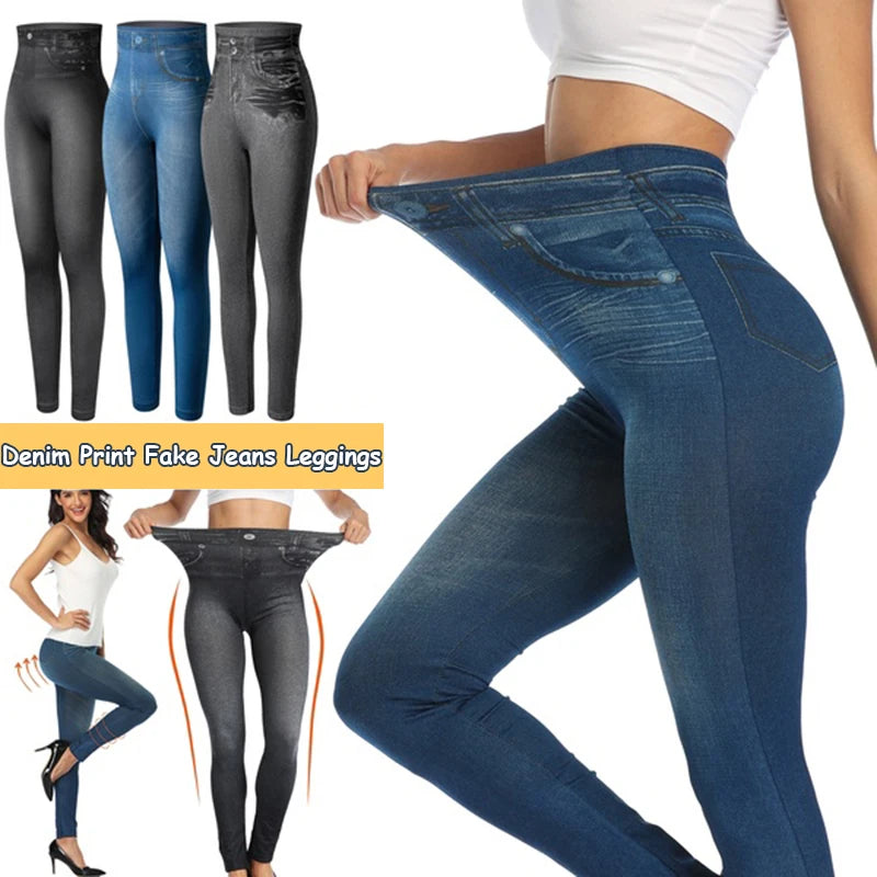 Seamless Faux Denim High-Waist Leggings - Tummy Control Pocket Look