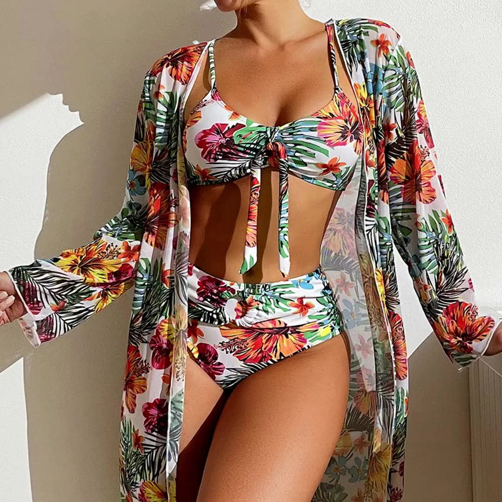 Floral 3-Piece High-Waist Bikini Set - Mesh Long Sleeve Cover-Up
