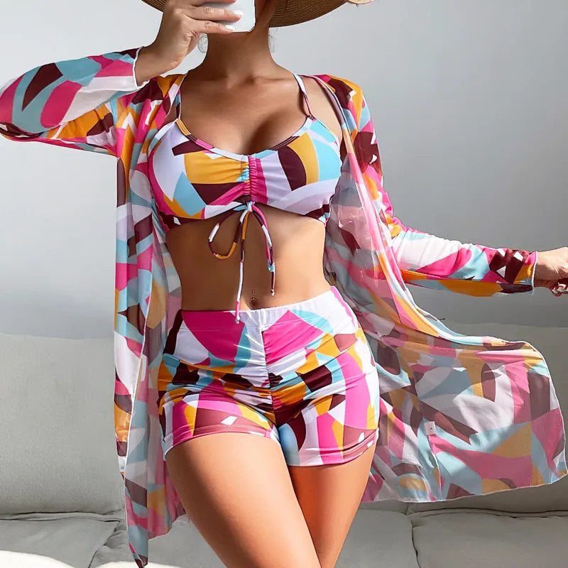 Printed 3-Piece Tankini Set - Push-Up Beach Swimwear