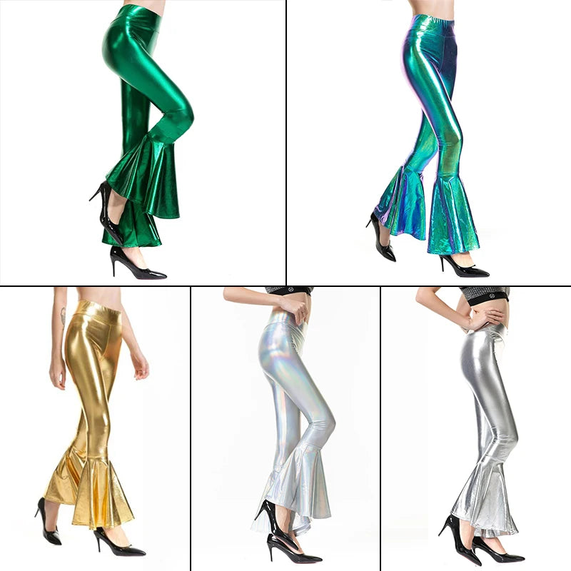 Plus Size Wet-Look Holographic Faux Leather Flare Pants - Women's Sculpting Statement Bottoms