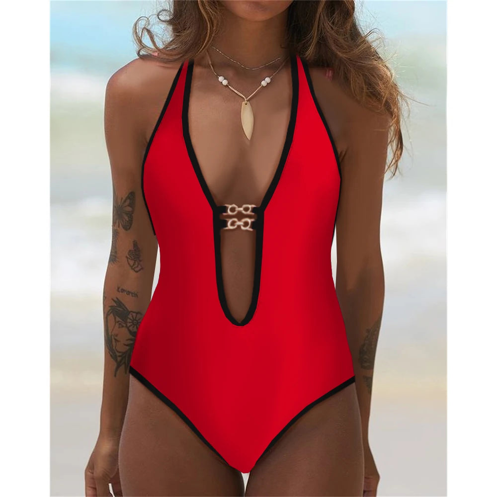Patchwork Push-Up One-Piece Swimsuit - Bold Monokini Style
