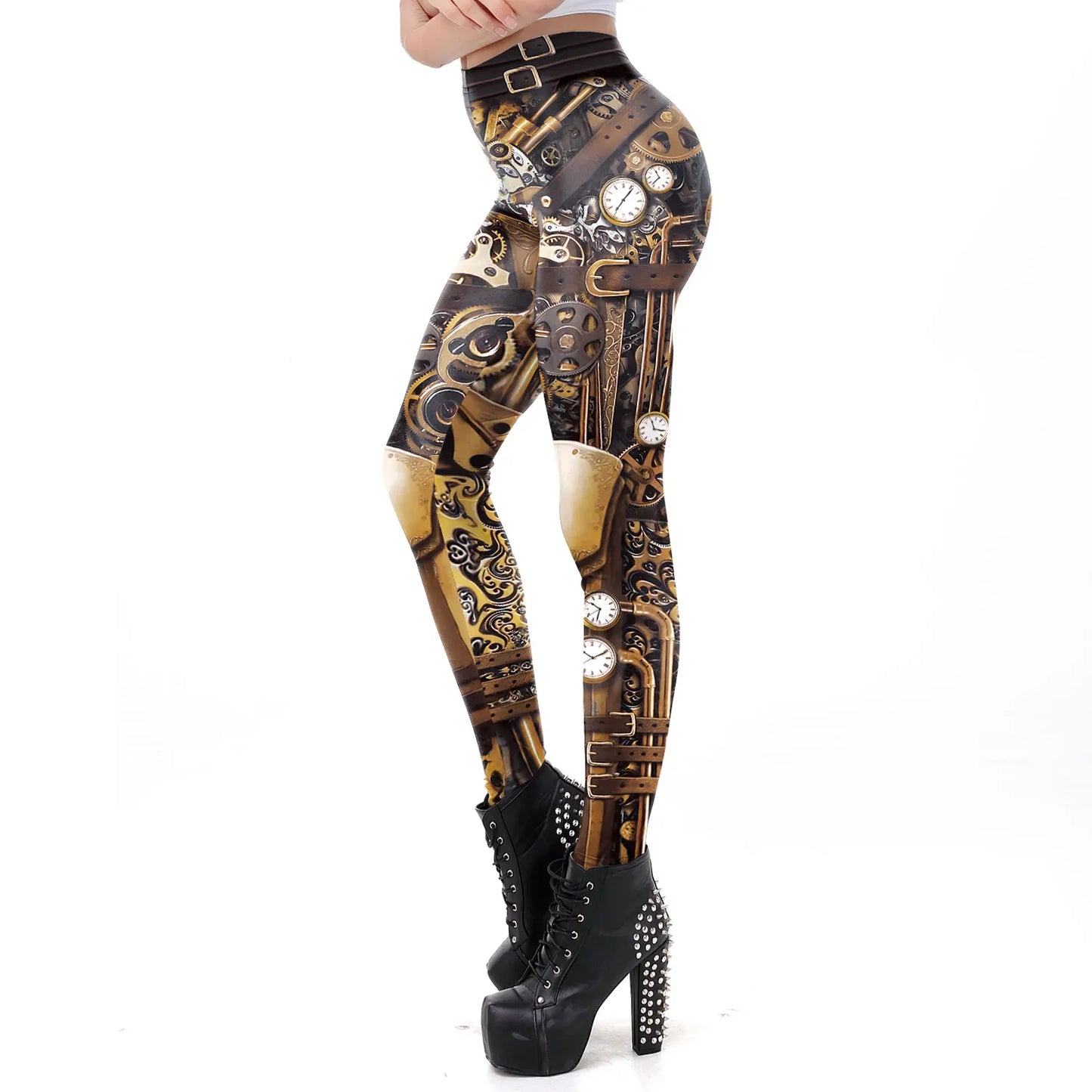 Steampunk Gear Print Leggings - Mid-Waist Streetwear Stretch Fit
