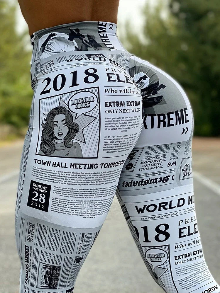 Newspaper Print High-Waist Leggings - Slim Butt-Lifting Summer Fit