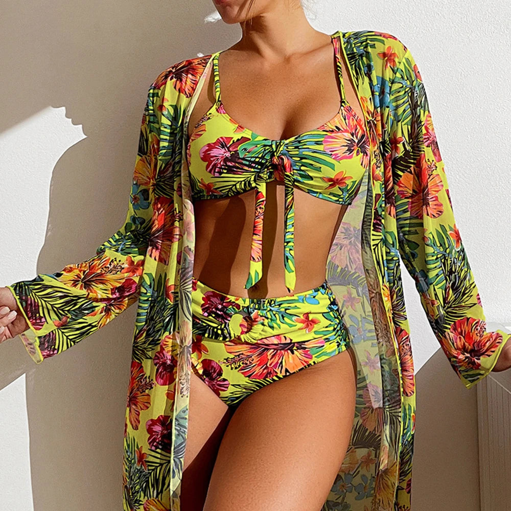 Floral 3-Piece High-Waist Bikini Set - Mesh Long Sleeve Cover-Up