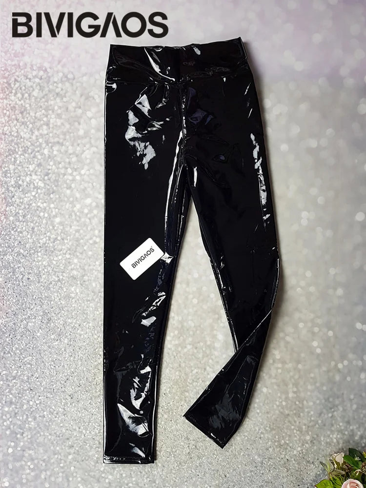 High-Waist Wet-Look Faux Leather Leggings - Women's Sculpting Statement Bottoms