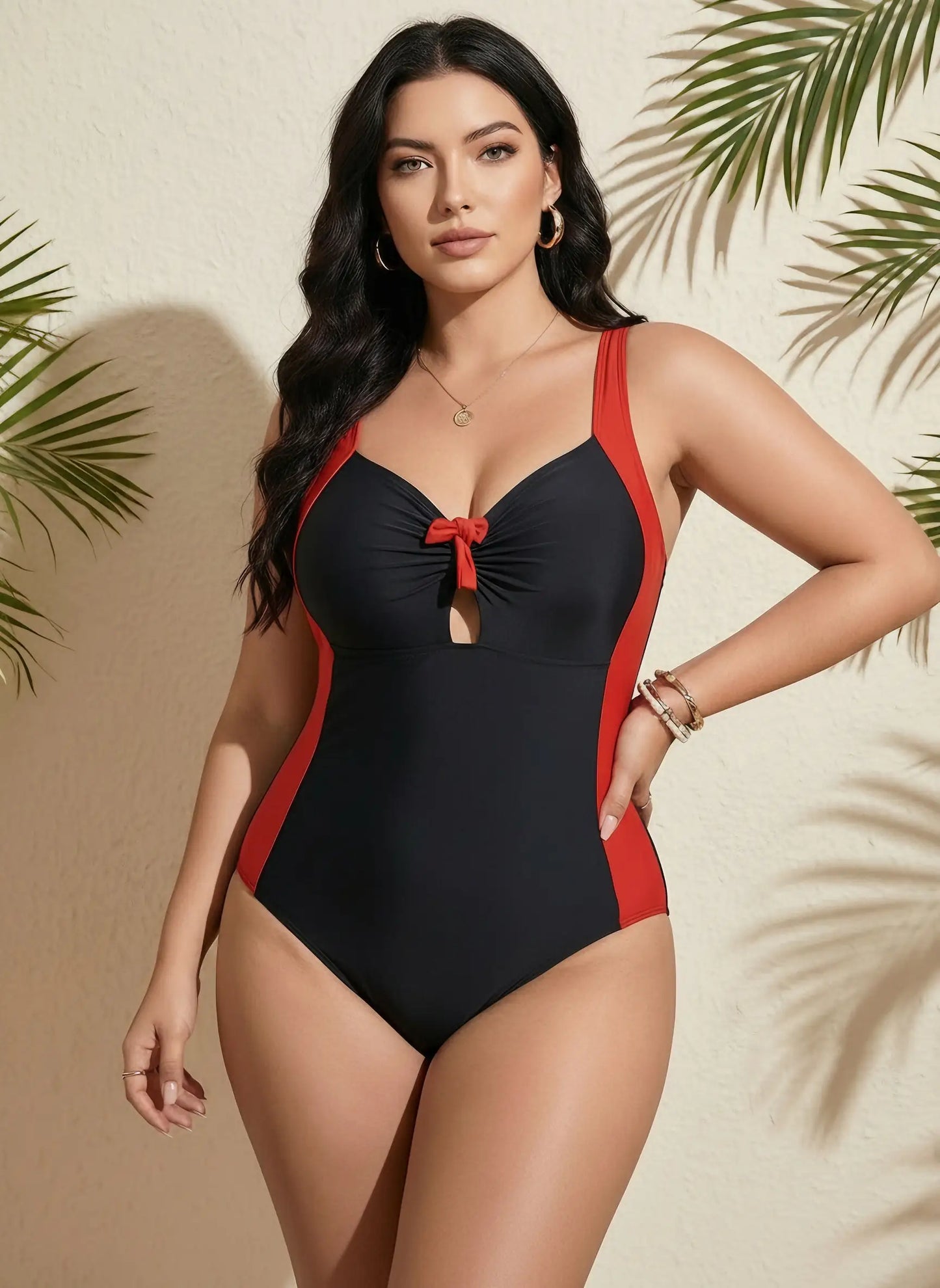 Plus Size Color-Block Bow One-Piece Swimsuit - Tummy Control Fit